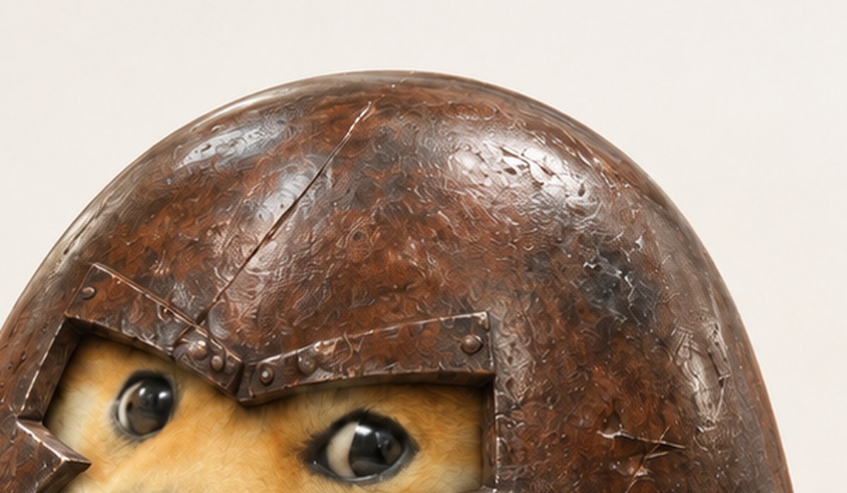Close-up of the dented iron helmet