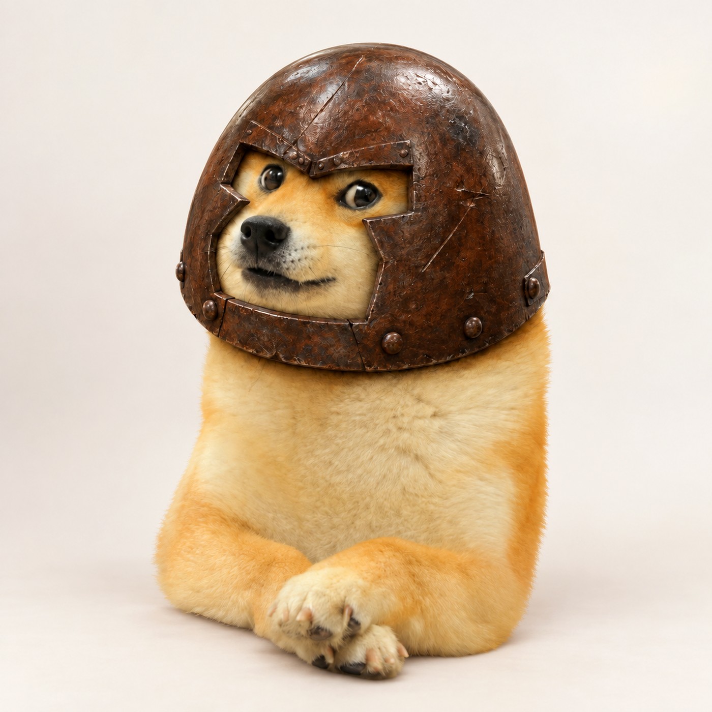 DOGERNAUT — a Shiba Inu wearing a battered iron helmet
